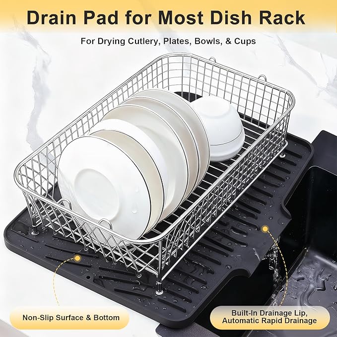 Silicone Dish Drying Mat for Kitchen Counter,Non-Slip Dish Drying Pad with Drain Lip,Heat Resistant Sink drying Mat for Dishes,Large Rubber dish drain mat dish rack mat (Black,15.8"x13")