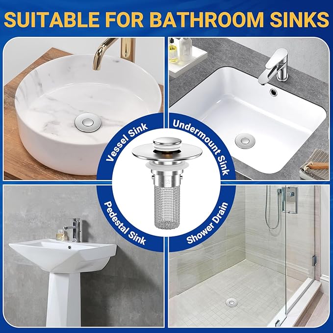 Bathroom Sink Drain Strainer, Pop-Up Bathroom Sink Stopper with Removable Stainless Steel Hair Catcher Basket, Universal Fit for US Bathroom Sinks, Showers & Floor Drains (3pcs)