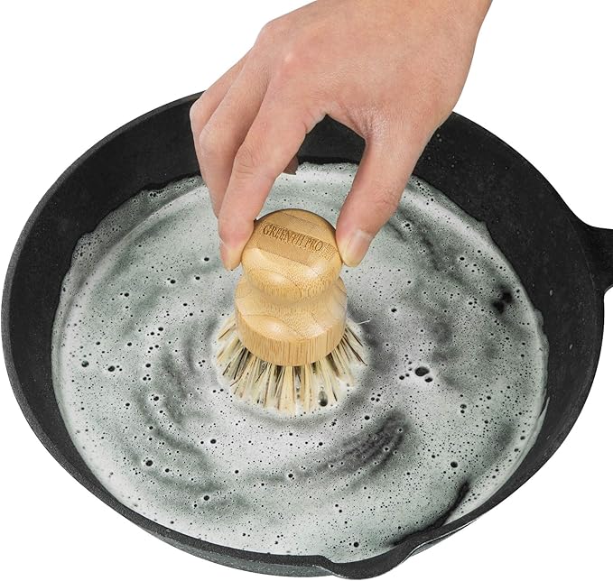 Palm Pot Dish Brush- Nature Bamboo 2 Packs Mini Durable Scrub for Kitchen Cleaning with Ceramics Holder