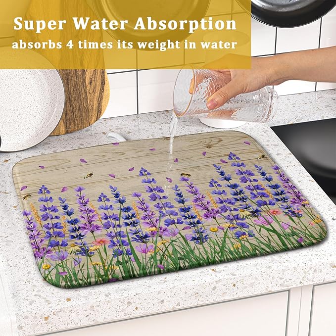 Lavender Floral Dish Drying Mat 16x18 inch Spring Summer Flower Decorative Fast Dry Dishes Drainer Mats Reversible Washable Dish Rack Pad