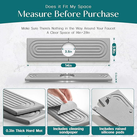 eormoe Diatomite Kitchen Faucet Mat - 14Inch Water Absorbing Stone Tray for Sink, Stone Fast-Drying Faucet Mat for Kitchen Counter Sink Accessories (Grey, 14'' x 3.9'')