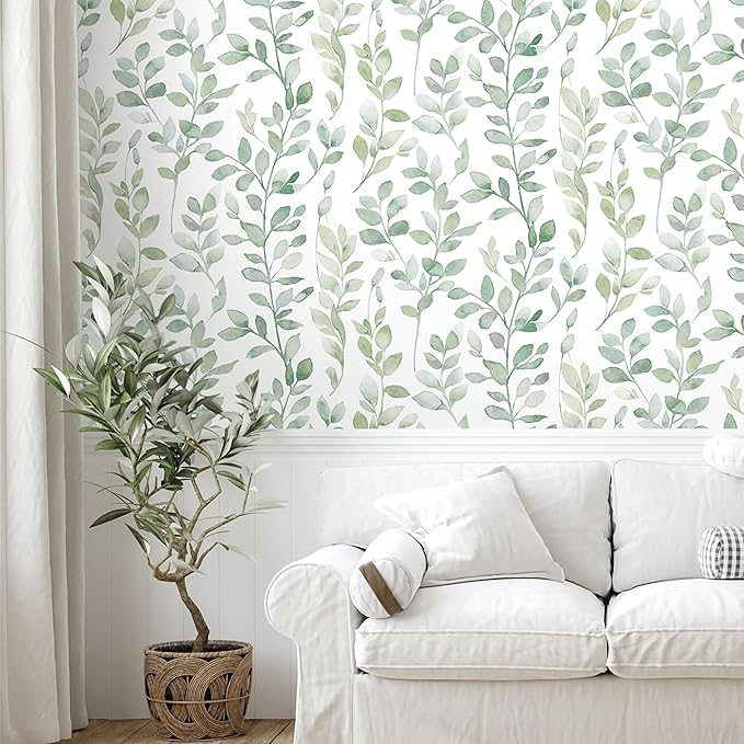 MelunMer Modern Leaf Peel and Stick Wallpaper Boho Green Contact Paper for Cabinets Self-Adhesive Removable Wallpaper for Bedroom Decor Botanical Contact Paper Bathroom Waterproof 787inL17.3inW