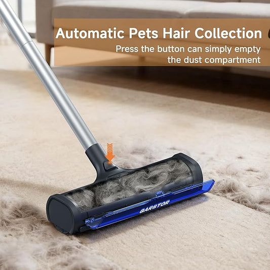 Carpet Hair Removal Tool, Carpet Sweeper for Pet Hair, Reusable Carpet Roller Rug Rake, Pet Fur Remover with Dust Container, 5 Feet Long Handle for Carpet, Rugs, Mats