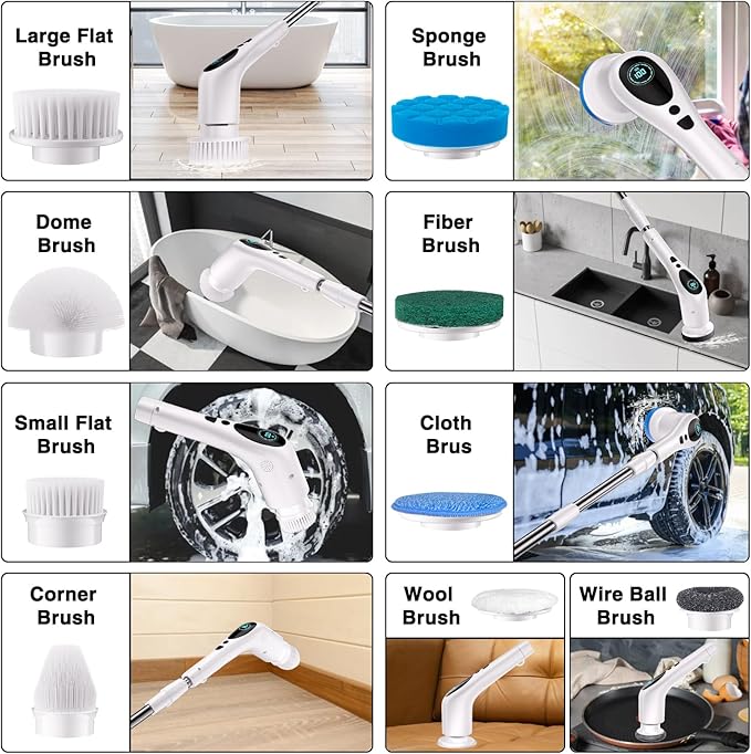 Electric Spin Scrubber, Electric Spin Cordless Tub and Tile Scrubber with Voice Broadcasting 3 Speed 9 Replaceable Clean Heads Power Spin Scrubbers