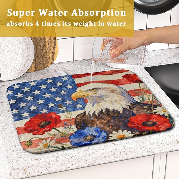 4th of July American Flag Eagle Dish Drying Mat for Kitchen Counter 16x18 Patriotic Floral Memorial Day Absorbent Reversible Microfiber Drying Mats Kitchen Countertop Protector Dishes Drainer Pad
