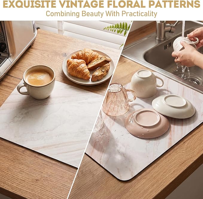 LemonRoad Dish Drying Mat for Kitchen Counter, 12"x20" Absorbent Coffee Bar Mat with Marble Texture Design, Fast-dry Diatomite Drainer Drying Mats with Non-slip Backing for Kitchen Sink Countertop