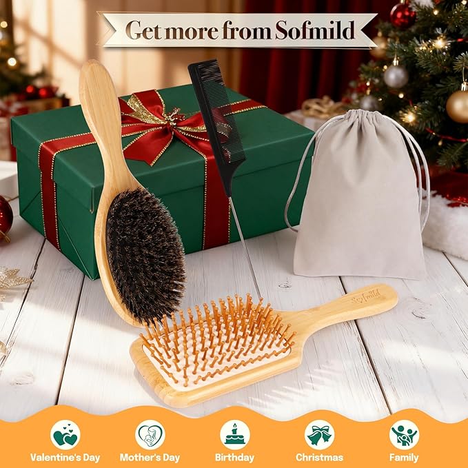 Sofmild Natural Bamboo Hair Brush Set for Women Men Kids, Detangling Brush for Thick Curly Wet Hair,Boar Bristle Hair Brush for Fine Thin Dry Hair to Add Shine and Smooth Flyaways,2-in-1Hair Care