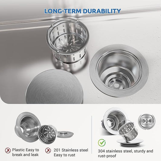 BOTEMY Stainless Steel Sink Drain Strainer 3-1/2 Inch Kitchen Sink Drain Assembly Kit with Removable Deep Sink Strainer Basket and Sink Stopper Flat Cover Replacement for Home Standard Kitchen Sinks