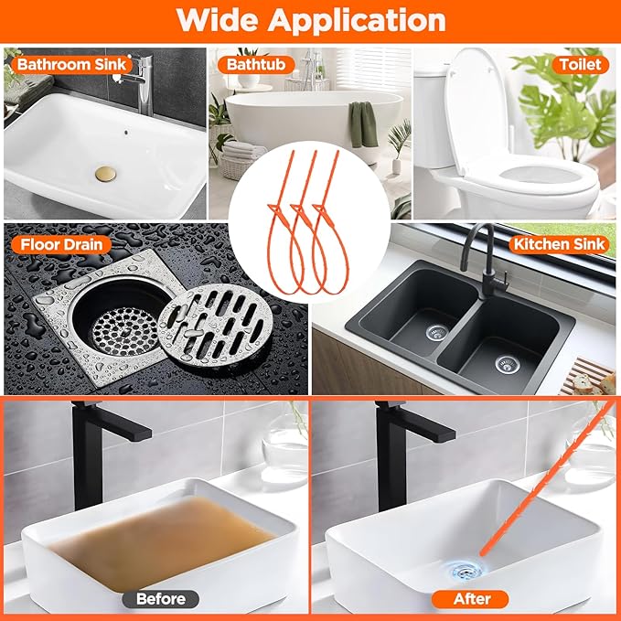Forlivese 25 Inch Drain Snake,Drain Clog Remover,Sink Snake for Sewer Kitchen Sink Bathroom Tub Toilet Clogged Drains Relief Cleaning Tool 6 Pack
