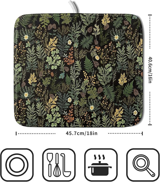Black Green Botanical Dish Drying Mat for Kitchen Counter 16x18 Inch Super Absorbent Microfiber Kitchen Drying Mat Green Plant Fern Leaves Floral Dish Reusable Washable Dish Drying Pad for Coffee Bar