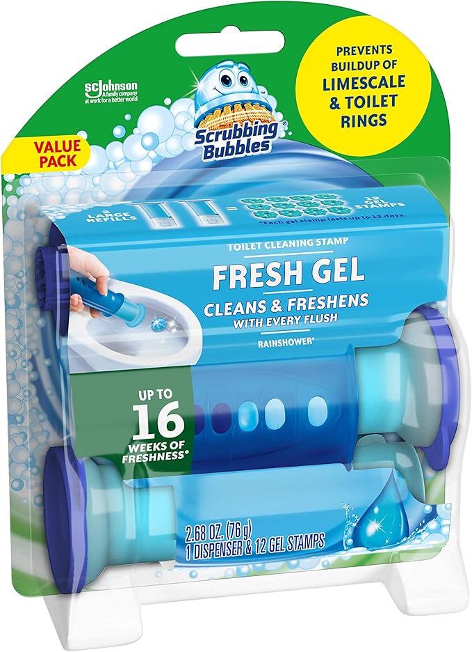 Scrubbing Bubbles Fresh Gel Toilet Cleaning Stamp, Rainshower, Dispenser with 12 Gel Stamps, 2.68 oz