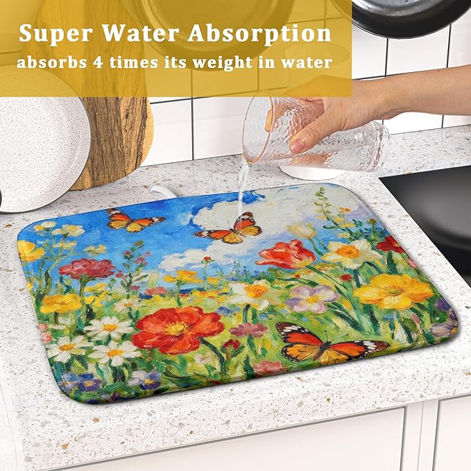 Floral Dish Drying Mat for Kitchen Counter 16x18 Spring Summer Theme Colorful Flower Butterfly Seasonal Absorbent Reversible Microfiber Drying Mats Kitchen Countertop Protector Dishes Drainer Pad