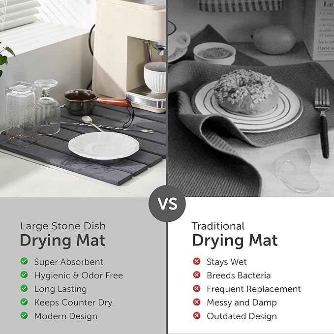 Large Stone Dish Drying Mat for Kitchen Counter - Quick Dry Stone Dishes Mats, Foldable Water Absorbing Diatomaceous Earth Drying Organizer Pad for Rack Bottles Plate (Dark Gray 24"×16" & 8"x5")