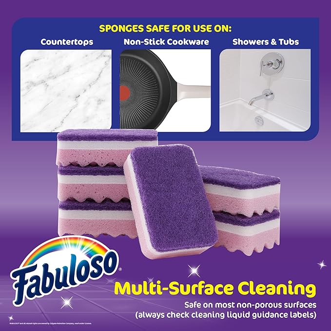 Fabuloso Scratch-Free Kitchen Dish Sponges, Purple Cellulose Scrubber Sponge with Scouring Pad for Dishes, Pots, Pans, Counters and Sinks, Tough on Messes, 4.25 x 2.75 x 1.25 in, 12 Count