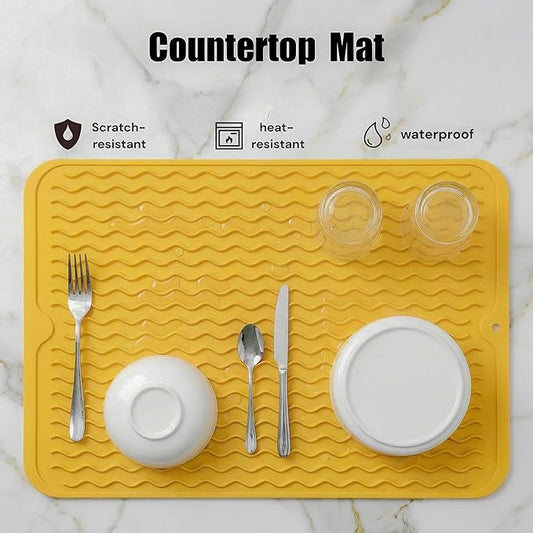 MicoYang Silicone Dish Drying Mat for Multiple Usage,Easy clean,Eco-friendly,Heat-resistant Silicone Mat for Kitchen Counter or Sink,Refrigerator or drawer liner Yellow L 16 inches x 12 inches