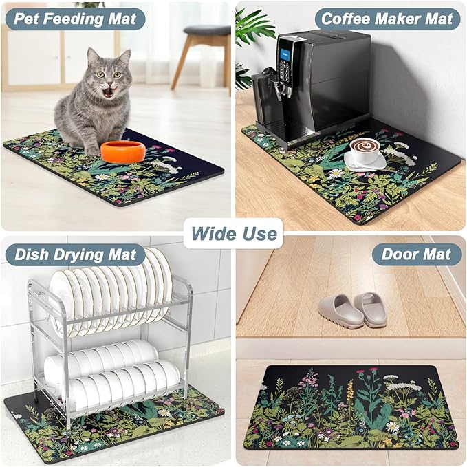 Rnivvi Coffee Mat, 12" x 19" Cute Flower Theme Coffee Bar Mats for Espresso Machine Station Accessories and Organizer, Hide Stain Rubber Backed Absorbent Dish Drying Pad for Kitchen Counter, Black