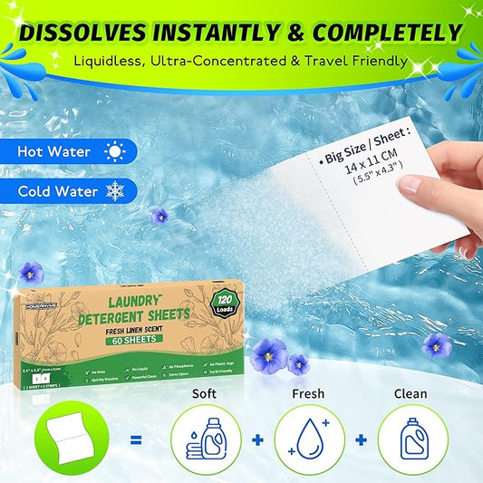 HOMERHYME Laundry Detergent Sheets - Fresh Linen 120 Loads Laundry Sheets Detergent, Bulk Travel Laundry Detergent Eco Friendly & Hypoallergenic Natural Detergent Sheets Strips Laundry Soap Sheets