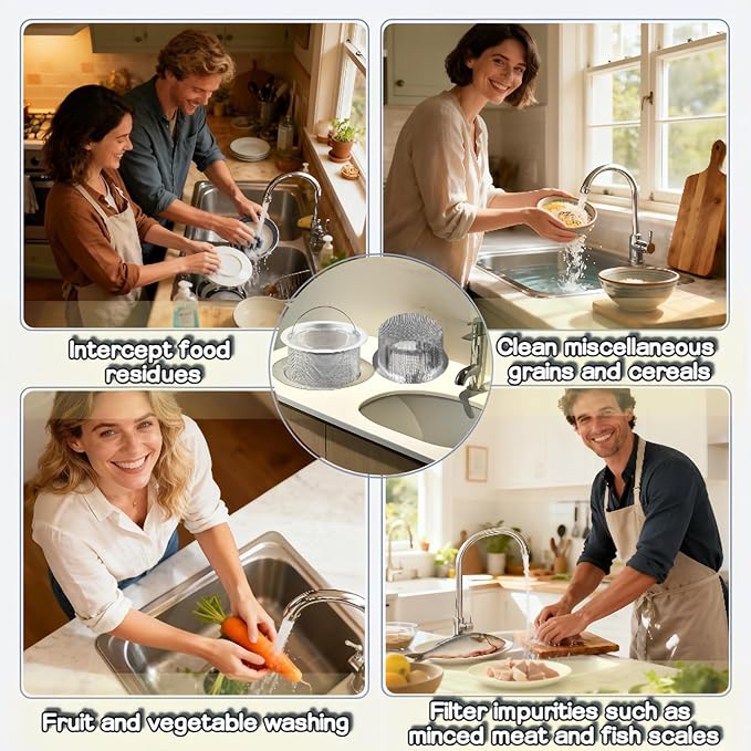 3" Kitchen Sink Strainer, 2-Pack Fine Mesh Basket - Catches Food Waste, Hair & Prevents Clogs, Rust-Proof Stainless Steel, Fits Standard Drain