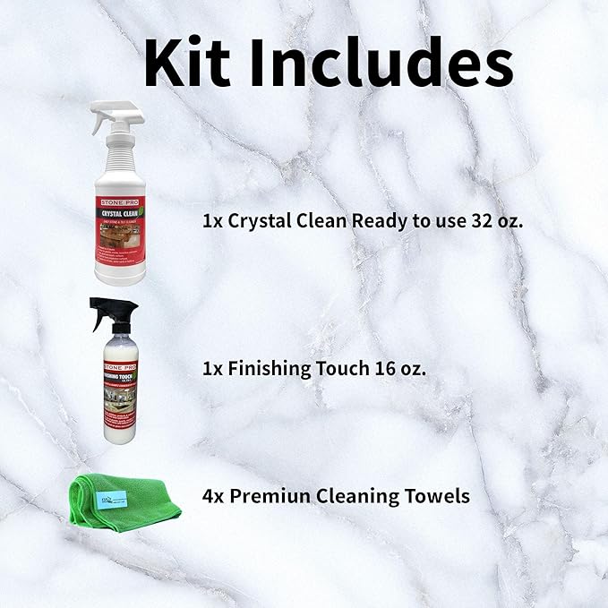 Stone Pro Marble and Granite Cleaning Kit – Premium Cleaning & Polishing Solution with Crystal Clean, Finishing Touch, & Cleanning Towels