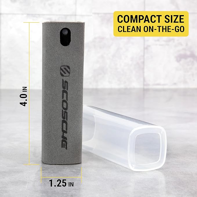 Scosche 2-in-1 Electronic Cleaner Spray with Microfiber Cloth for Electronics, Streak-Free Cleaning for TV, Computer, Phone, iPhone, Laptop, MacBook, Car Screen, 20ml Small Spray Bottles 2 Pack, Gray