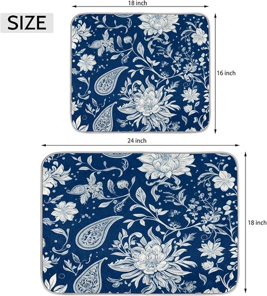 Dish Drying Mats with Hanging Loop for Kitchen Counter - Super Absorbent & Microfiber Sink Dry Mat with Paisley Floral Paisley Floral, Non-Slip Backing, Dishes, Sink, Countertop Protection 18"x24"