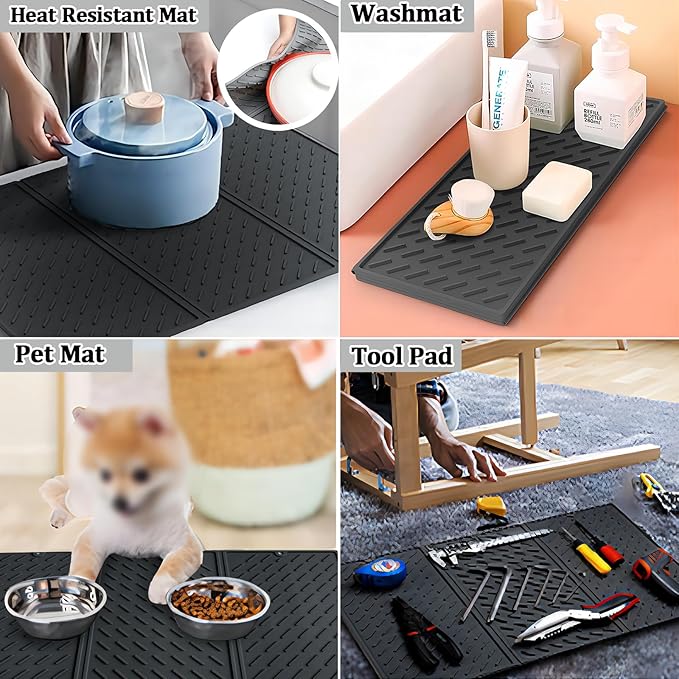Dish Drying Mat for Kitchen Counter, Collapsible Trifold Large Dish Drainer Mat, Silicone Drying Mat with Hook, 24x16In Non-Slip Silicone Sink Mat, Easy to Clean, Black