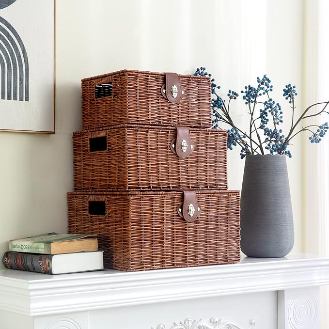 Set of 3 Woven Wicker Storage Basket Box with Lids & Lock, Built-in Carry Handles, Multifunctional Storage Organizer for Nursery, Baby, Clothes, Toys, Books, Large/Medium/Small Size (Natural)