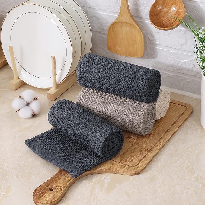 Kitinjoy 100% Cotton Waffle Weave Kitchen Hand Towels (13 X 28 Inches, Mixed Color), 6-Pack Super Soft and Absorbent Dish Towel for Drying Dishes