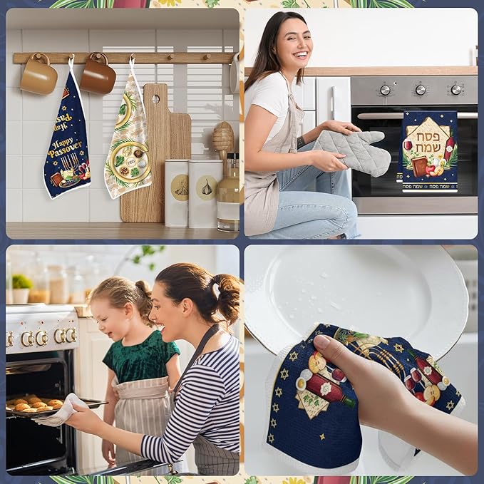 Passover Kitchen Towels Decor, Dish Towels Gifts for Cooking Cleaning Set of 4, Jewish Holiday Hand Towels with Hanging Loop for Bathroom Home