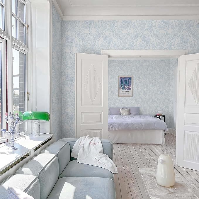 Ismoon Peel and Stick Wallpaper Vintage Floral Contact Paper Boho Watercolor Blue Damask Wallpaper Textured Removable Self Adhesive Vinyl Wall Paper for Bedroom, 17.3inx16.4ft