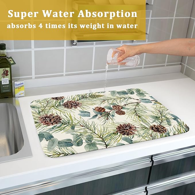 Winter Christmas Dish Drying Mat for Kitchen Counter 18x24 Evergreen Leaves Pinecone Holiday Theme Absorbent Reversible Microfiber Drying Mats Kitchen Countertop Protector Dishes Drainer Pad
