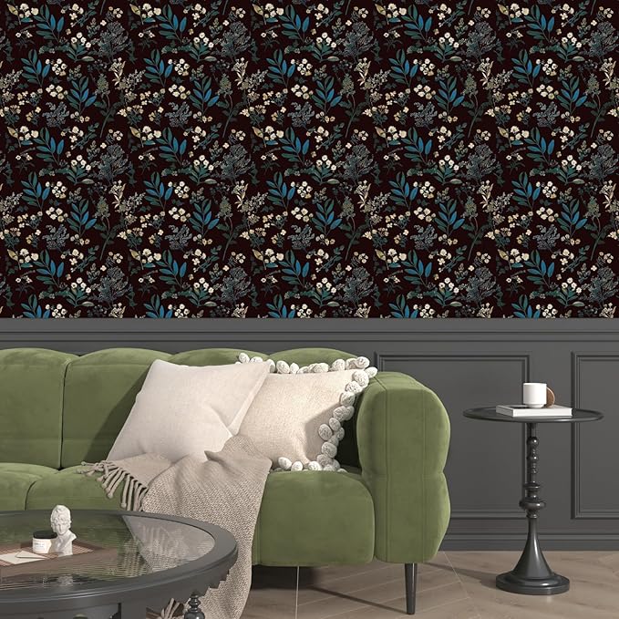Laatse Vintage Green Wallpaper Peel and Stick Dark Floral Wallpaper 17.5'' x 393'' Green Leaf Contact Paper Vinyl Waterproof Self Adhesive Boho Botanical Wall Paper for Bedroom Cabinet Décor