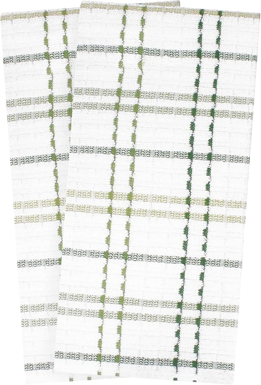 Ritz Royale Collection 100% Combed Terry Cotton, Highly Absorbent, Oversized Checked Kitchen Towel Set, 28" x 18", 2-Pack, Cactus Green