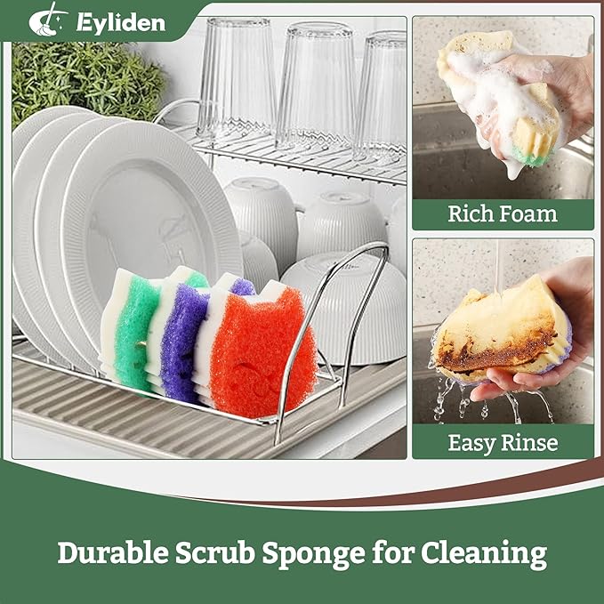 Eyliden 6 Pack Scrub Sponge - Dual-Sided, Smart-Temp Firmness, Dish Scrubber, Non-Scratch, Multi-Surface Safe Cleaning Sponges for Kitchen, Bathroom, Dish Scrubbing
