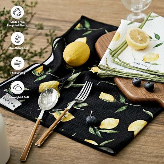 RECYCO Waffle Kitchen Towel Set of 2 - Quick Dry Microfiber Sustainable Dish Towels - Ultra Absorbent Reusable Cleaning Tea Towels - Lightweight Hand Towels,16”x 28”, Lemon Grove