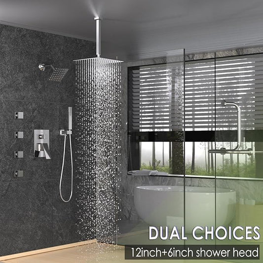 Enga Dual Shower Head Shower System with Body Jets, 12" Ceiling Mounted Rain Shower Head & 6" Wall Mounted Head Full Body Rainfall Shower Faucet with Valve Kit, Chrome