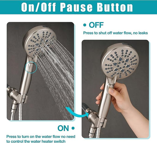Handheld Shower Head with on off Switch&Built-in Power Spray,7-Setting High Pressure Shower Wand with 79in Long Hose&Bracket and Extra Adhesive Shower Holder for Lower Mount,Brushed Nickel