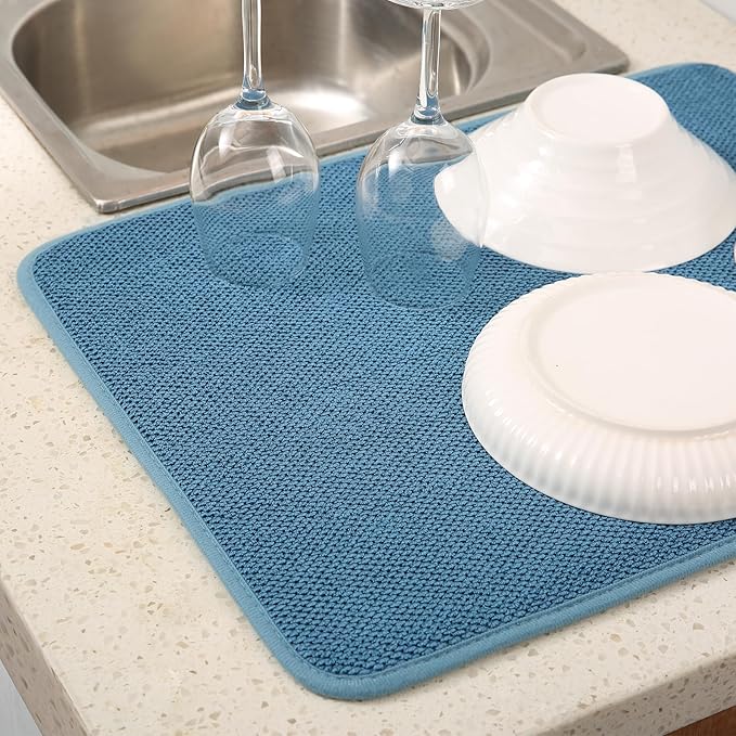 2 Pack Microfiber Dish Drying Mat for Kitchen Counter,Ultra Absorbent Dish Drainer Mat ,Dish Drying Pad ,Dish Rack Mat 20×15 Inch (Blue)