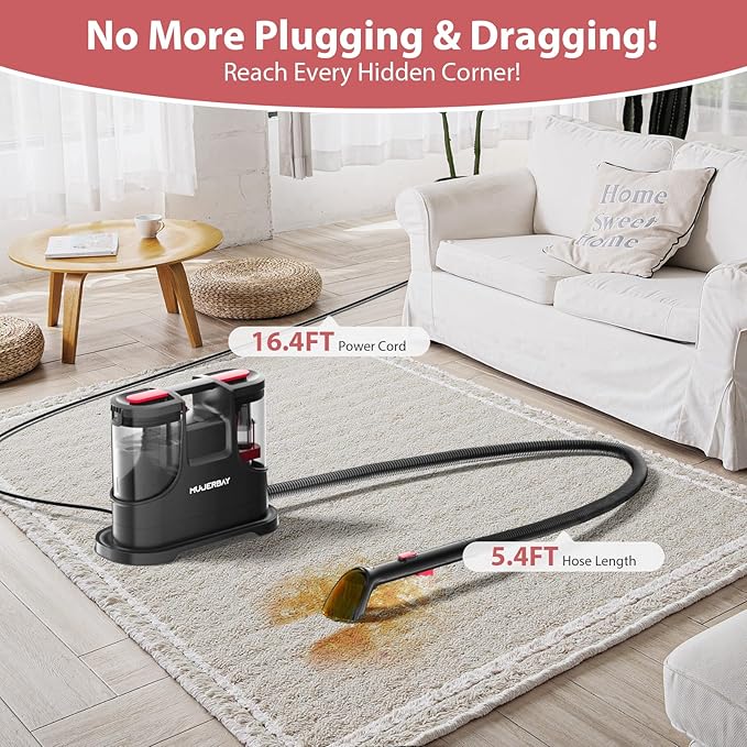 Carpet Cleaner Shampooer, MUJERBAY 15Kpa Portable Spot and Stain Cleaner, Easy Move with Handle, 1.5-inch Deep Cleaning Machine for Couch, Stairs, Car and Pet Messes.