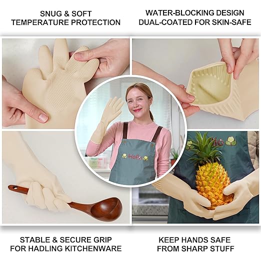 Reusable Waterproof Household Dishwashing Cleaning Rubber Gloves, Non-Slip Kitchen Glove (Ivory, Medium (Pack of 3))