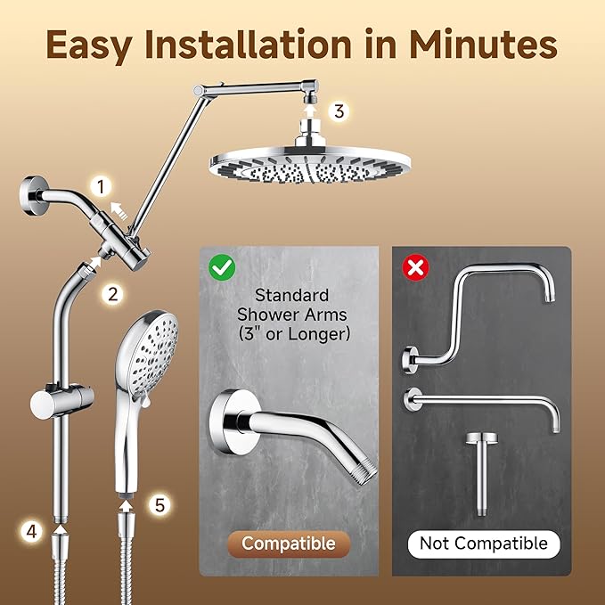 BRIGHT SHOWERS Rain Shower Head with Handheld Spray, High Pressure Dual Shower Head Combo, Adjustable Extension Arm & Slide Bar, 9 Spray Modes Built-in Power Wash, 3-Way Diverter, 69" Hose, Chrome