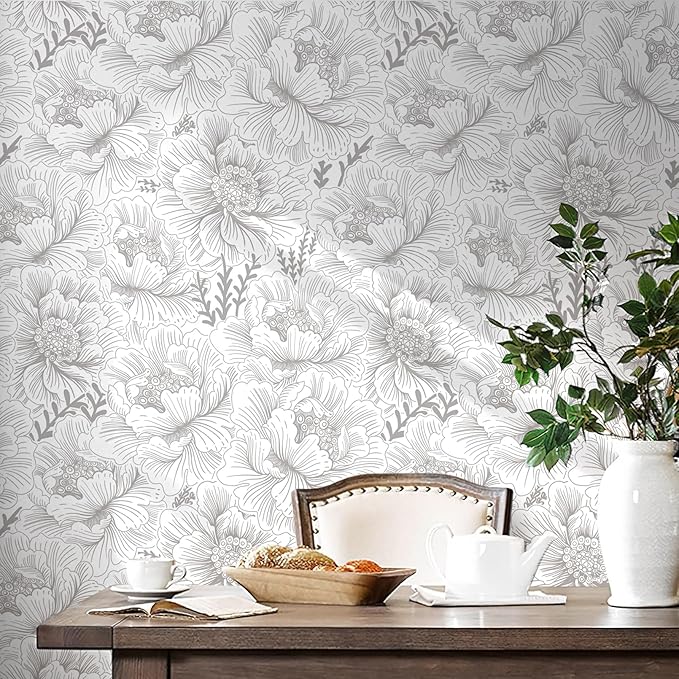 Guvana Floral Peel and Stick Wallpaper Boho Contact Paper Grey and White Wall Paper Modern Waterproof Wallpaper for Bathroom Bedroom Neutral Farmhouse Self Adhesive Removable Vinyl Roll 17.3in×394in