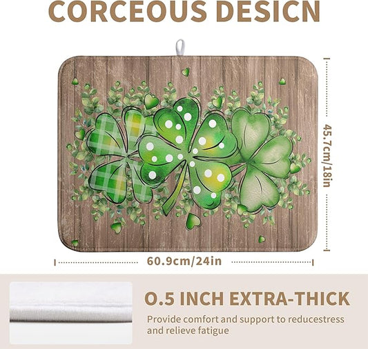 St Patricks Day Wooden Plank Texture Shamrock Dish Drying Mat St Patrick Eucalyptus Leaves Clover Dish Drying Pad for Kitchen Counter Absorbent Microfiber Dishes Drainer Rack Mats 18x24 Inch