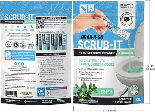 Unique Scrub-It Foaming RV Toilet Cleaner - Wild Thyme Scent, 15 Count Stick Packs, Premeasured, No-Mess, Grab-N-Go Powder Removes Stains from RV Toilet Bowls, Helps Lubricate Valves and Seals