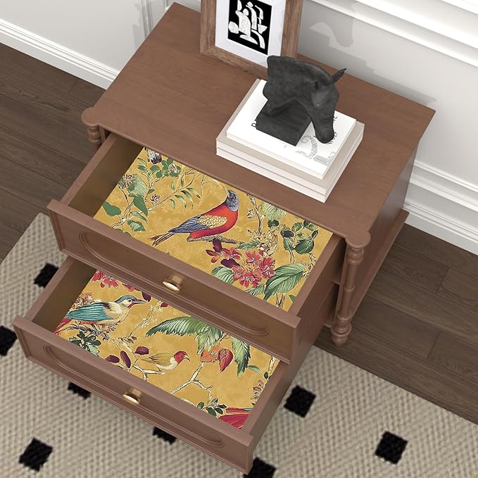 Vintage Floral Bird Wallpaper Peel and Stick,Boho Yellow Contact Paper, Retro Botanical Wall Paper Self Adhesive Removable Waterproof for Bedroom Walls Shelves Cabinet Table Decoration 17.5in x 393in