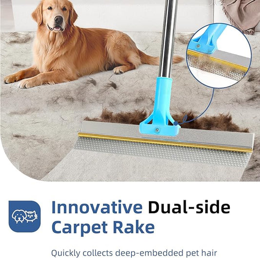 Carpet Rake for Pet Hair Removal - 54" Adjustable 2 in 1 Carpet Broom with Copper Rake Scraper & TPU Brush, Reusable Cat Dog Hair Remover Tool for Deep Cleaning Carpets, Rugs, Mats, and Stairs (Blue)