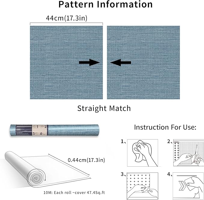Simon&Siff Grey Blue Textured Grasscloth Peel and Stick Wallpaper 17.7"x394" Faux Grassweave Wallpaper Waterproof Self Adhesive Removable Wallpaper Mural for Home Decor Bedroom Kitchen Cabinet