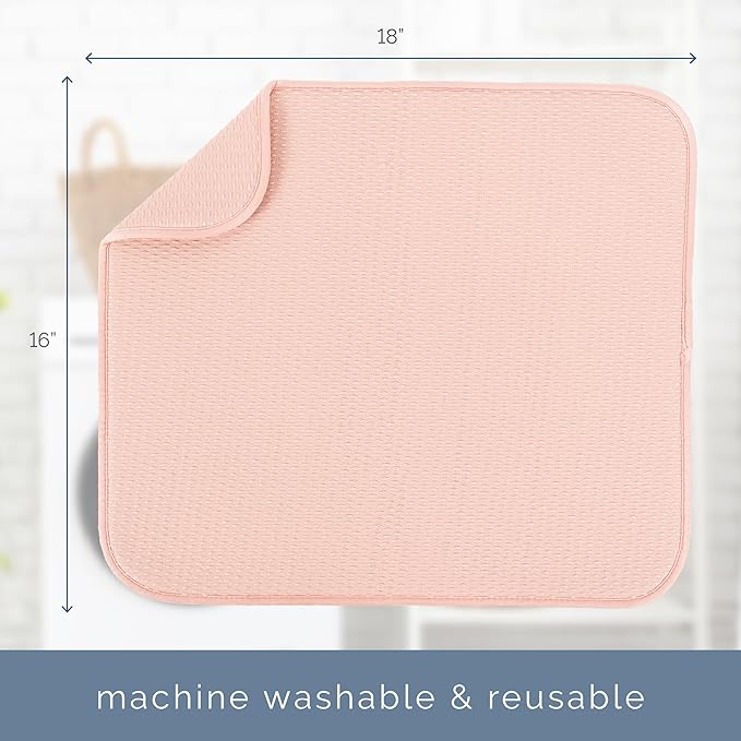 S&T INC. Dish Drying Mat, 16” x 18”, Absorbent Microfiber Kitchen Counter Mat, Drying Pad for Dishes, Utensils, Pots and Pans, Large, Diamond Texture, Pink