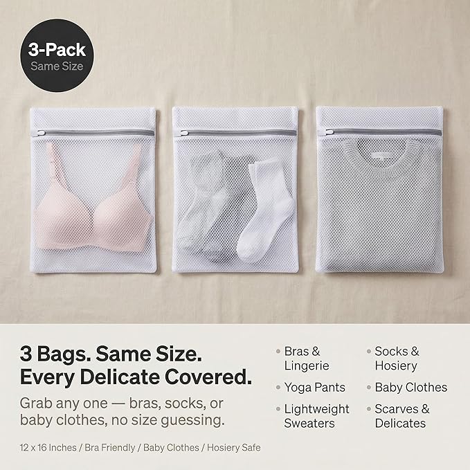 Mesh Laundry Bags for Delicates 3 Pack 12 x 16 Inches, Laundry Bags for Bras Lingerie Underwear, Honeycomb Wash Bags with Zipper Cover for Washing Machine