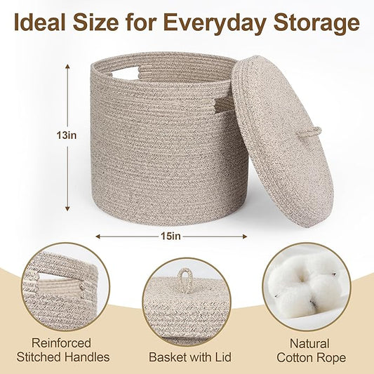 Storage Basket with Lid, Woven Blanket Storage for Living Room, Soft Cotton Rope Bin with Lid, Round Wicker Laundry Basket with Cover, Lidded Kids Dog Toy Bin, Nursery Organizer, 15" x 13"